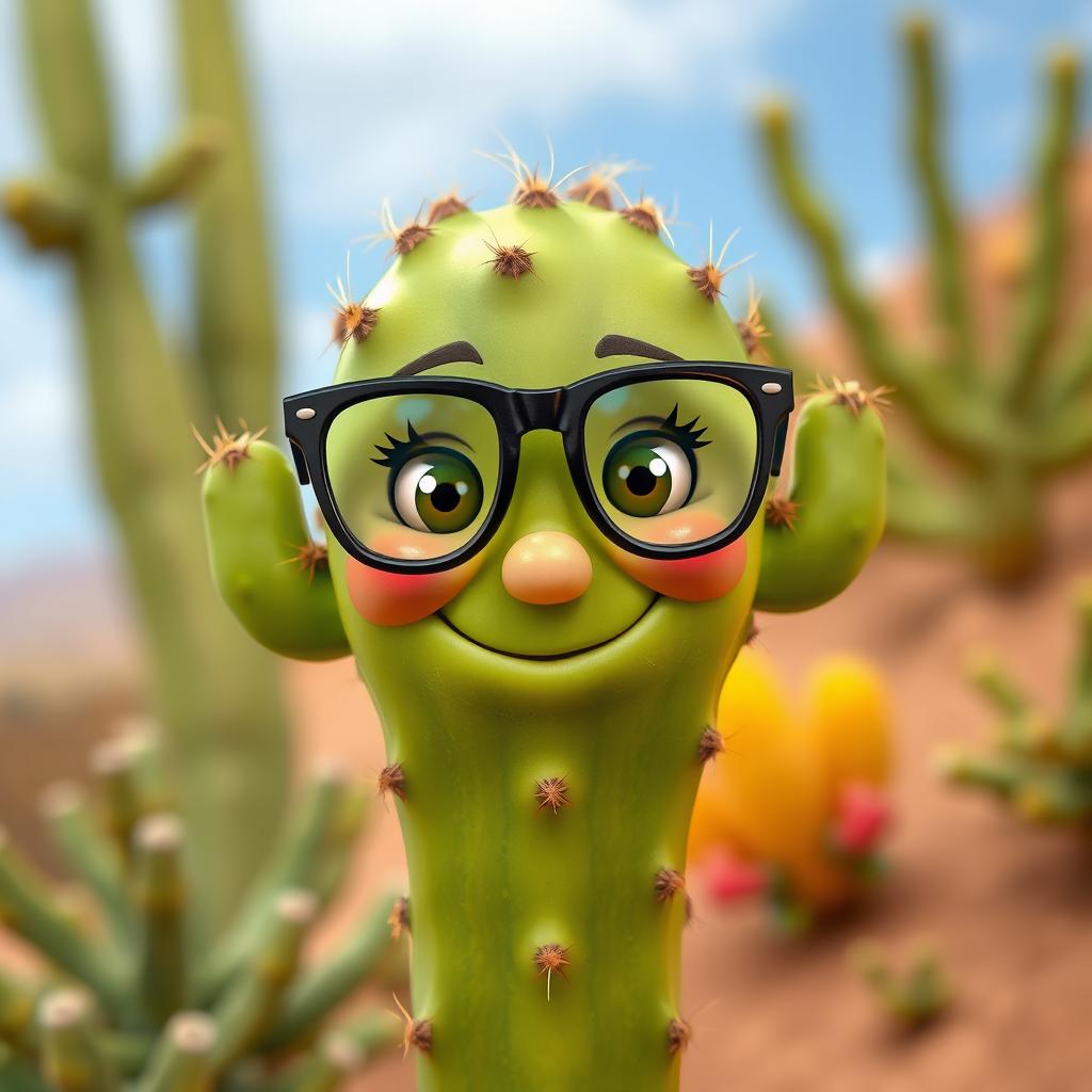 A whimsical cactus character with a friendly face and stylish glasses