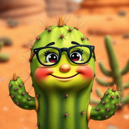 A whimsical cactus character with a friendly face and stylish glasses