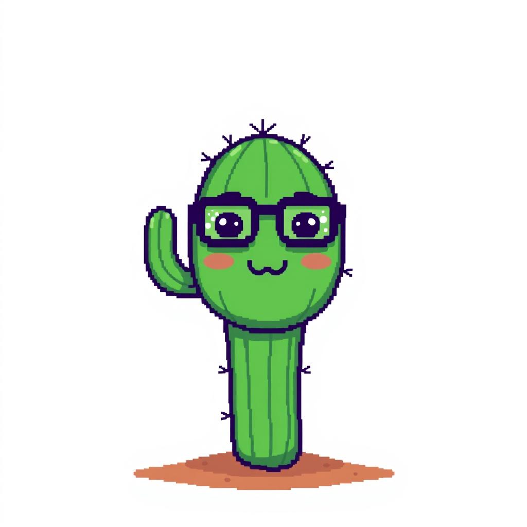 A whimsical pixel art scene featuring a cactus with a charming face wearing glasses