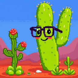 A whimsical pixel art scene featuring a cactus with a charming face wearing glasses