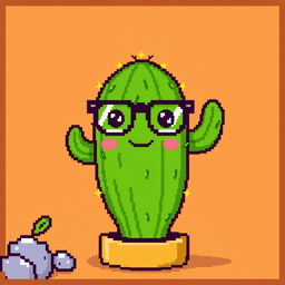 A whimsical pixel art scene featuring a cactus with a charming face wearing glasses