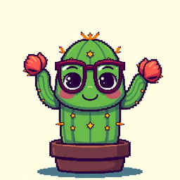 A whimsical pixel art scene featuring a cactus with a charming face wearing glasses