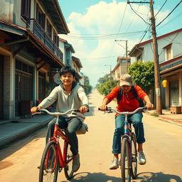 Surrealistic movie poster featuring two 17-year-old Chinese teenagers riding bicycles through a county town street