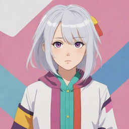 Anime female character in flat 2D style, with shoulder-length white hair, large expressive eyes, and a colorful anime outfit set against a simplistic background.