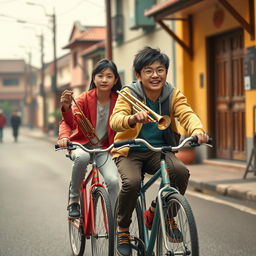 Surrealistic movie poster featuring two 17-year-old Chinese teenagers riding bicycles through a county town street