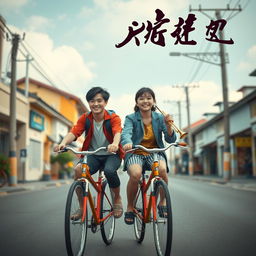 Surrealistic movie poster featuring two 17-year-old Chinese teenagers riding bicycles through a county town street