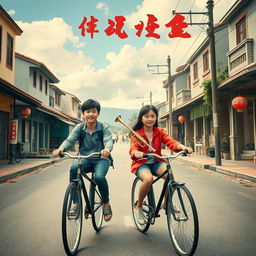 Surrealistic movie poster featuring two 17-year-old Chinese teenagers riding bicycles through a county town street