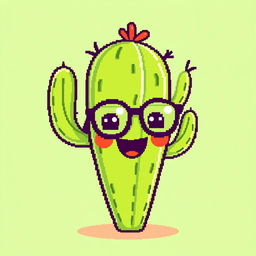 A whimsical pixel art creation featuring a lively cactus with a playful face and stylish glasses