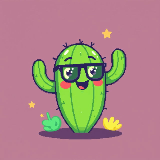 A whimsical pixel art creation featuring a lively cactus with a playful face and stylish glasses