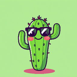 A whimsical pixel art creation featuring a lively cactus with a playful face and stylish glasses