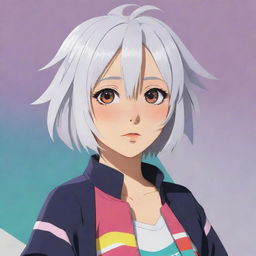 Anime female character in flat 2D style, with shoulder-length white hair, large expressive eyes, and a colorful anime outfit set against a simplistic background.