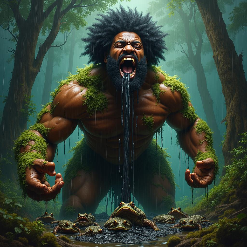 A polished, finished oil-based painting capturing a full-body, macro, extremely up-close view of an epic, enraged, and gorgeously ferocious muscular black-skinned man with an afro