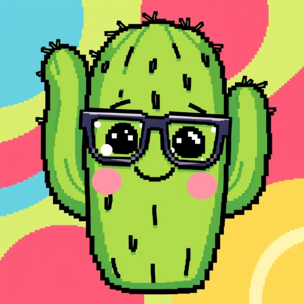 A delightful pixel art illustration showcasing a cactus with a friendly face and wearing glasses