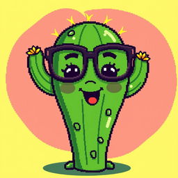 A delightful pixel art illustration showcasing a cactus with a friendly face and wearing glasses