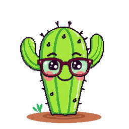 A delightful pixel art illustration showcasing a cactus with a friendly face and wearing glasses