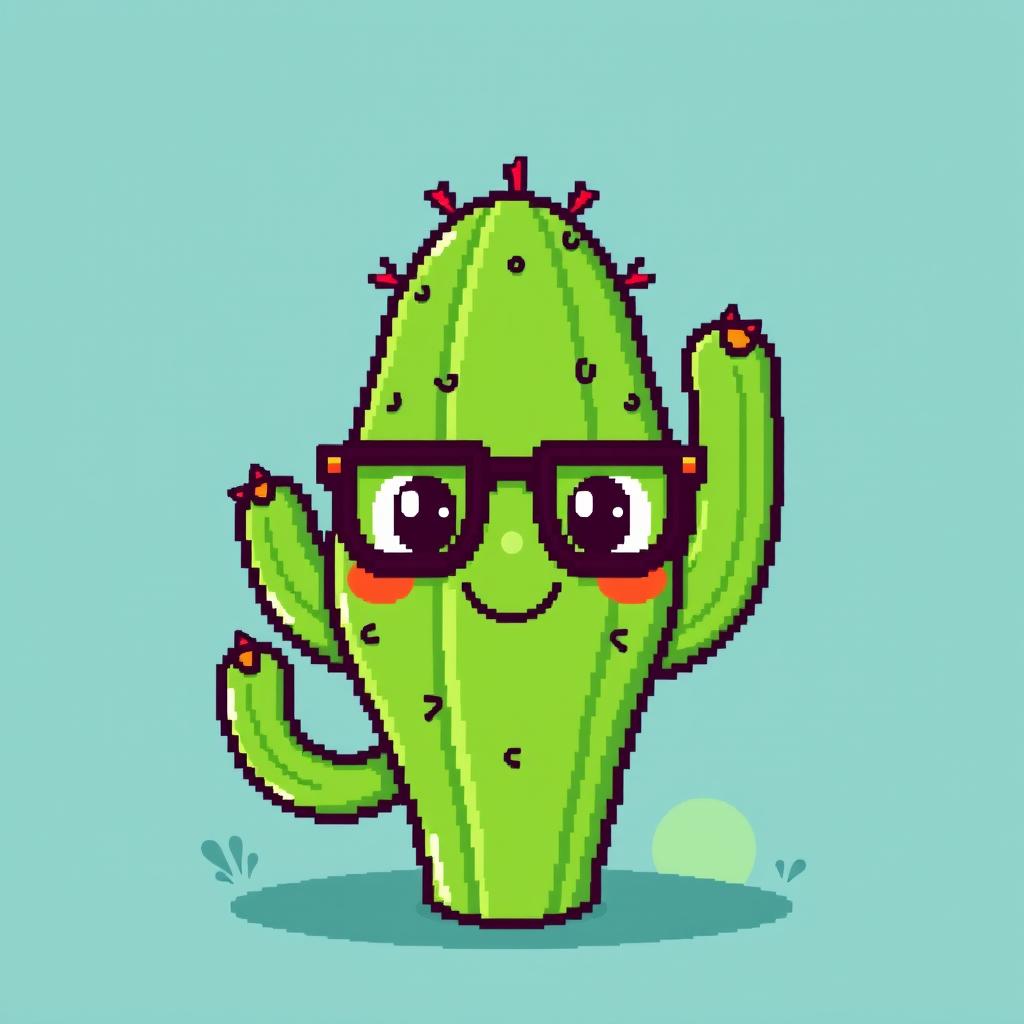 A delightful pixel art illustration showcasing a cactus with a friendly face and wearing glasses