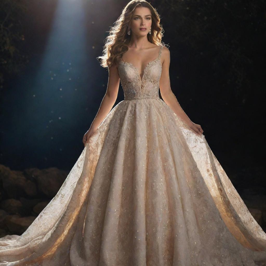 The most breathtakingly gorgeous dress in the universe, studded with twinkling jewels and intricate lace designs, glowing under celestial light