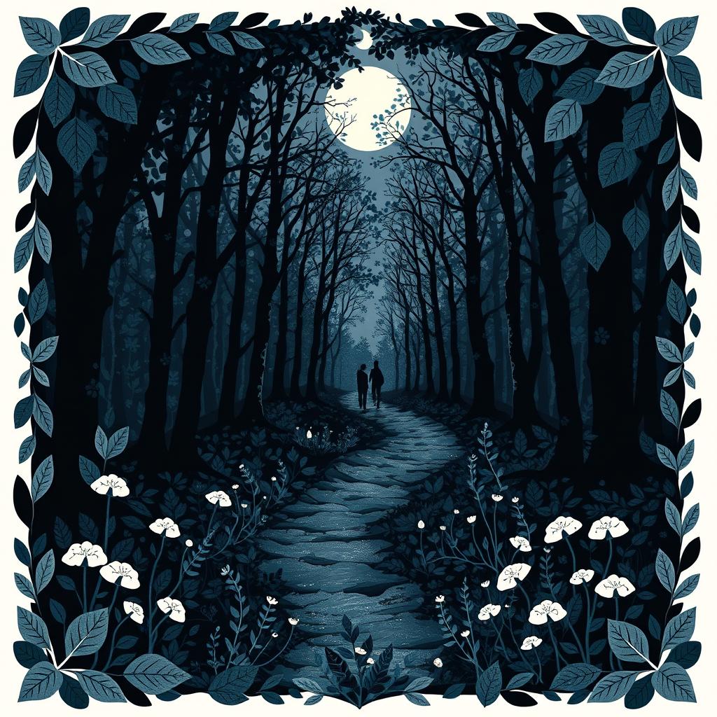 A Nordic folk art style picture featuring a leafy forest trail bathed in moonlight, with an enchanting palette of tree, black, blues, and white hues