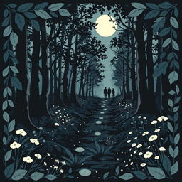 A Nordic folk art style picture featuring a leafy forest trail bathed in moonlight, with an enchanting palette of tree, black, blues, and white hues