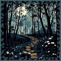 A Nordic folk art style picture featuring a leafy forest trail bathed in moonlight, with an enchanting palette of tree, black, blues, and white hues