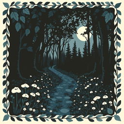 A Nordic folk art style picture featuring a leafy forest trail bathed in moonlight, with an enchanting palette of tree, black, blues, and white hues