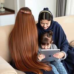 A mother with extremely long, silky hair adorned with a hairband is sitting on a sofa next to her daughter