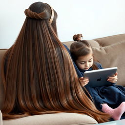 A mother with extremely long, silky hair adorned with a hairband is sitting on a sofa next to her daughter