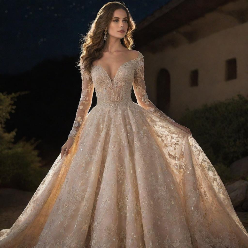 The most breathtakingly gorgeous dress in the universe, studded with twinkling jewels and intricate lace designs, glowing under celestial light