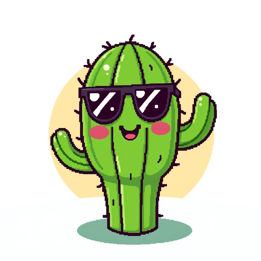 A playful pixel art depiction of a cactus with a friendly face and trendy glasses