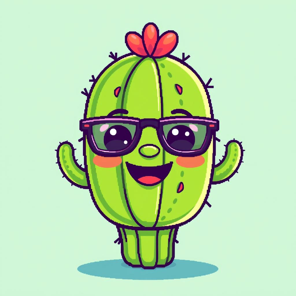 A playful pixel art depiction of a cactus with a friendly face and trendy glasses