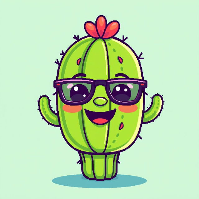 A playful pixel art depiction of a cactus with a friendly face and trendy glasses