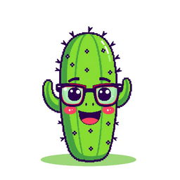 A playful pixel art depiction of a cactus with a friendly face and trendy glasses