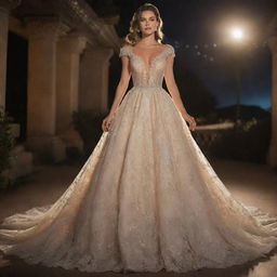 The most breathtakingly gorgeous dress in the universe, studded with twinkling jewels and intricate lace designs, glowing under celestial light