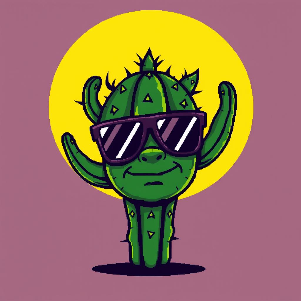 A cool and edgy pixel art depiction of a bad cactus with a mischievous face and trendy sunglasses