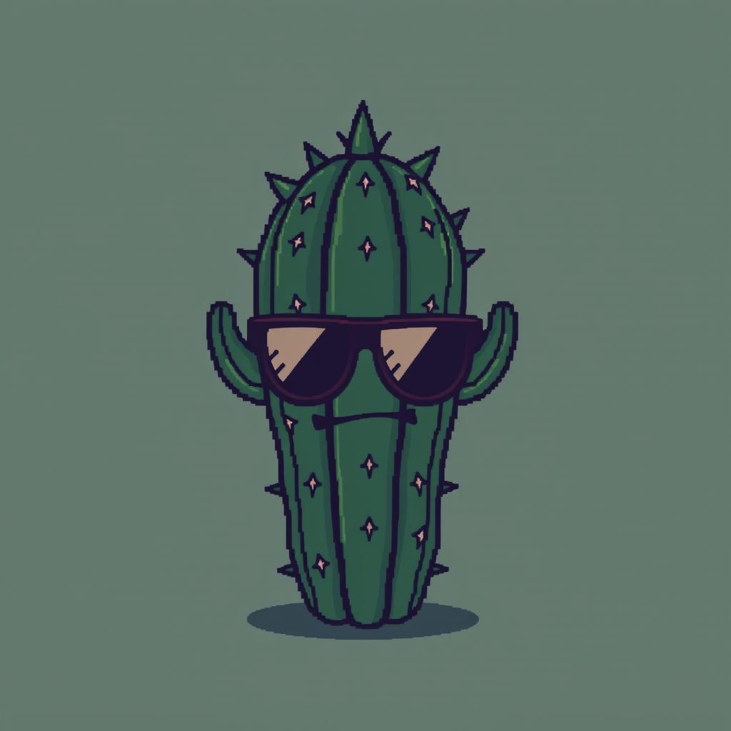 A cool and edgy pixel art depiction of a bad cactus with a mischievous face and trendy sunglasses