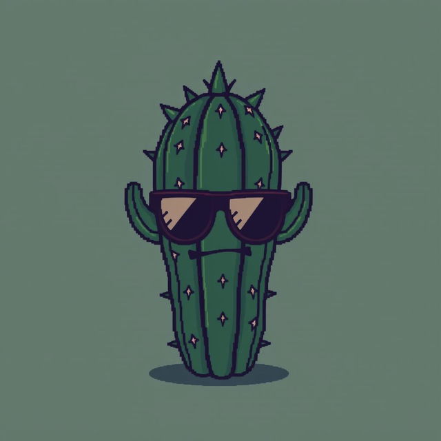 A cool and edgy pixel art depiction of a bad cactus with a mischievous face and trendy sunglasses