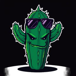 A cool and edgy pixel art depiction of a bad cactus with a mischievous face and trendy sunglasses