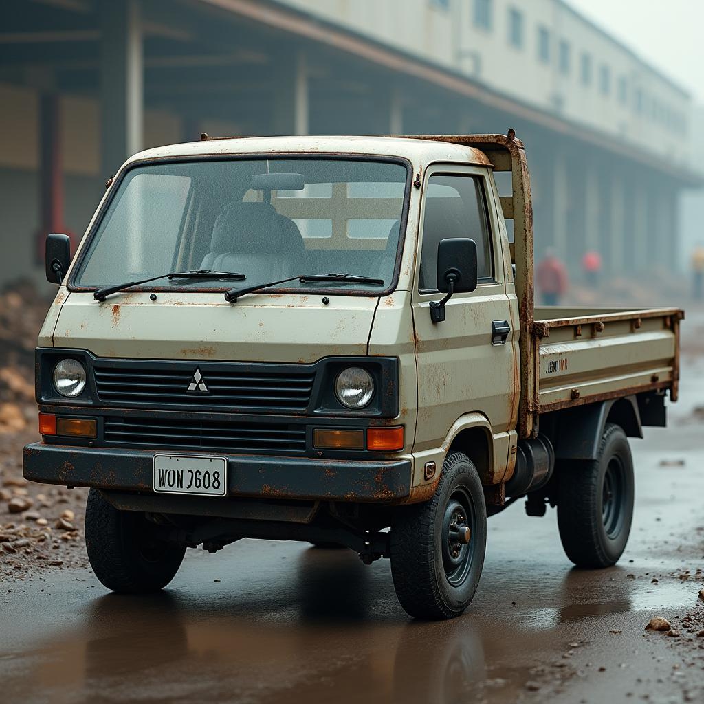 A hyper-realistic and detailed image of a Mitsubishi Colt L300 pickup truck, focusing on its distinctive boxy design and utilitarian features