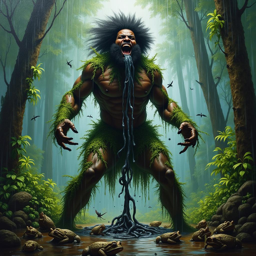 A polished, finished oil-based painting capturing a full-body macro, extremely up-close view of an epic, enraged, gorgeously ferocious muscular black-skinned man with a striking afro