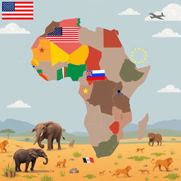 A symbolic map of Africa showing the continent divided into sections, each represented by the flags of different superpowers like the United States, China, Russia, and the European Union