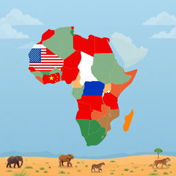 A symbolic map of Africa showing the continent divided into sections, each represented by the flags of different superpowers like the United States, China, Russia, and the European Union