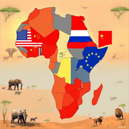 A symbolic map of Africa showing the continent divided into sections, each represented by the flags of different superpowers like the United States, China, Russia, and the European Union