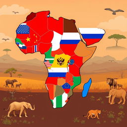 A symbolic map of Africa showing the continent divided into sections, each represented by the flags of different superpowers like the United States, China, Russia, and the European Union