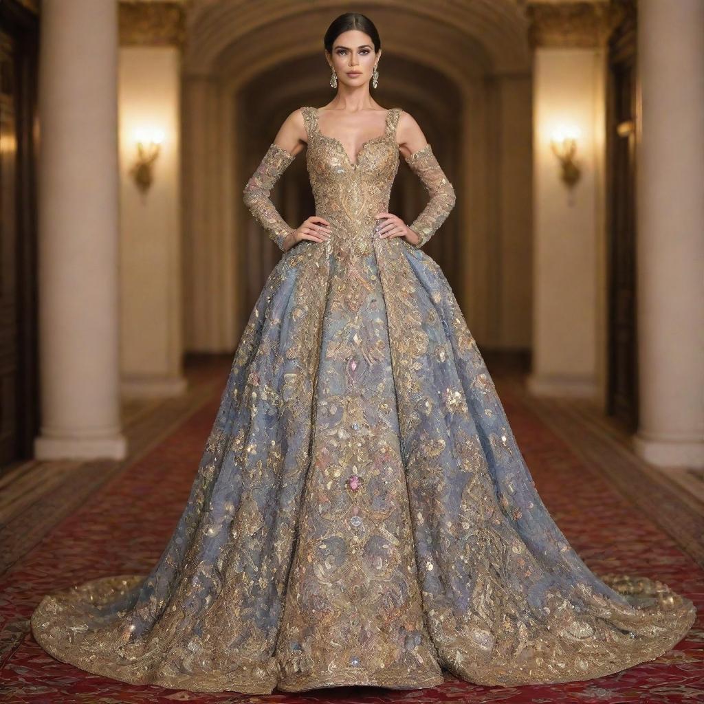 Extravagantly luxurious dress worth a billion embellished with rare gemstones and ornate gold detailing.