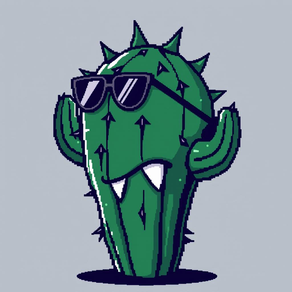 A cool and rebellious pixel art representation of a bad cactus with a daring face and sleek sunglasses