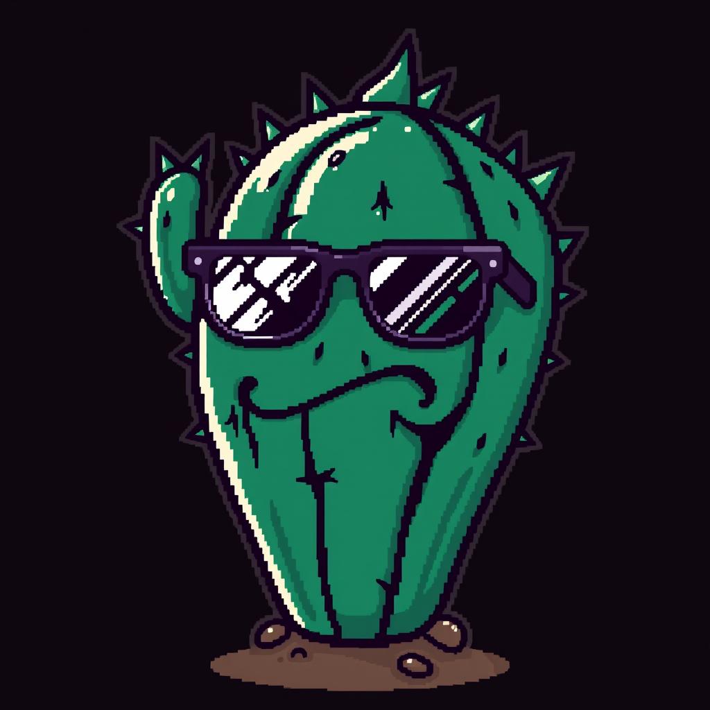 A cool and rebellious pixel art representation of a bad cactus with a daring face and sleek sunglasses