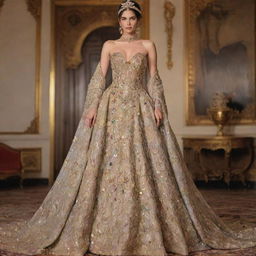 Extravagantly luxurious dress worth a billion embellished with rare gemstones and ornate gold detailing.