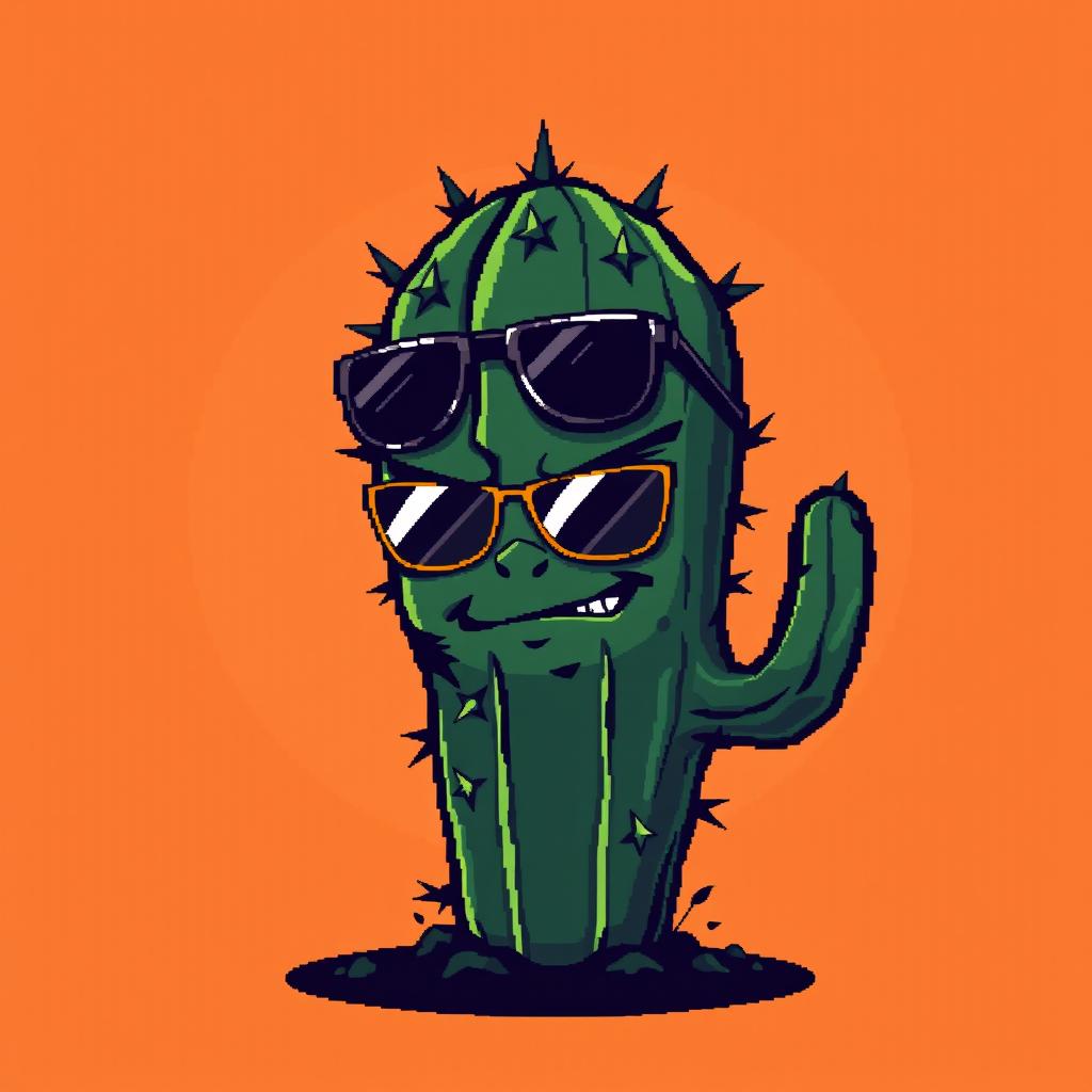 A cool and edgy pixel art depiction of a bad cactus featuring a mischievous expression and trendy sunglasses