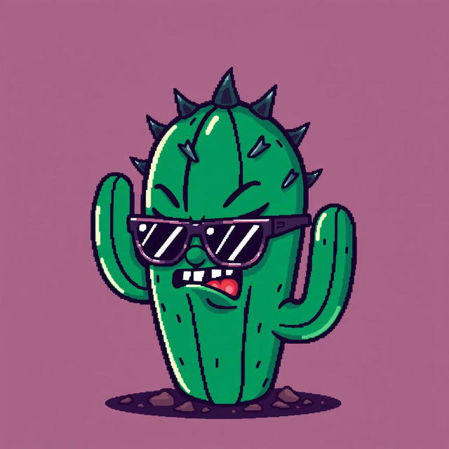 A cool and edgy pixel art depiction of a bad cactus featuring a mischievous expression and trendy sunglasses