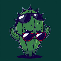 A cool and edgy pixel art depiction of a bad cactus featuring a mischievous expression and trendy sunglasses